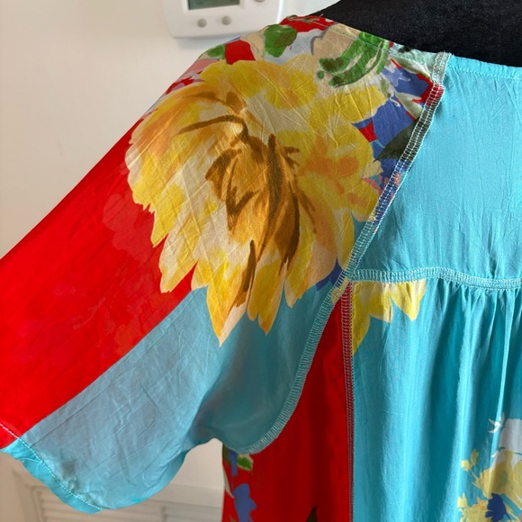 Johnny Was Red & Turquoise Floral Rayon Print Loose Shift Dress! Short Sleeve. M - Picture 7 of 12